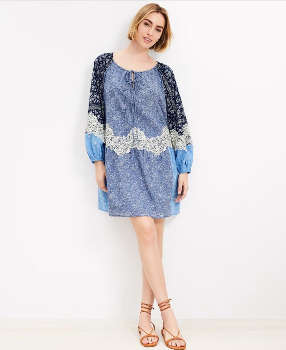 LOFT Blue Paisley Lace Trim Boho Peasant Dress Medium Oversized Cotton
